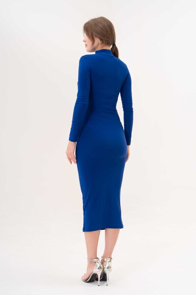 Secret Passion Lingerie Rochie de seară albastră albastru cobalt pentru femei, cu mâneci lungi, elastică, din țesătură nisip, cu guler în picioare, cu detalii transparente, midi 10957