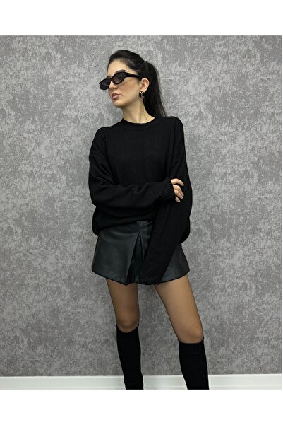 deqfashion سترة سوداء ذات رقبة دائرية كبيرة الحجم