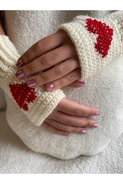 SARE SÜS EVİ PARMAKSIZ KALPLİ ÖRGÜ ELDİVEN