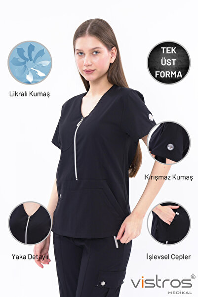 Vistros Medikal V Yaka Fermuar Detaylı Likralı Medikal Üniforma Doktor & Hemş...
