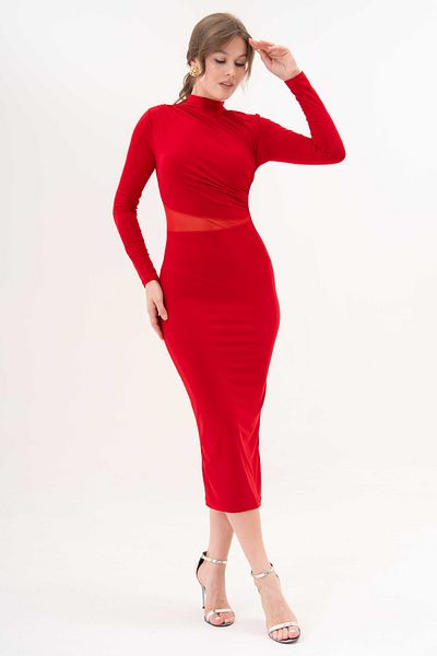 Secret Passion Lingerie Women's Long Sleeve Stretchy Sandy Fabric Stand Collar See-Through Detail Midi Red Evening Dress 10957