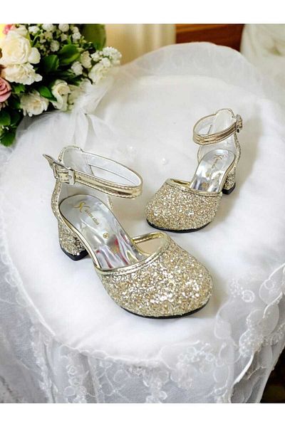 PATİK BEBE Pantofi de seară strălucitori de culoare aurie cu toc pentru fete