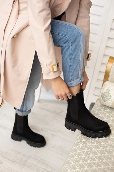 Scarpebutik Women's Leather Sheepskin Lining Suede Black Elastic Thick Soled Boots