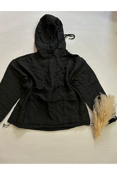 LİLOŞ Black Hooded Skirt Adjustable Elastic Kangaroo Pocket Coat