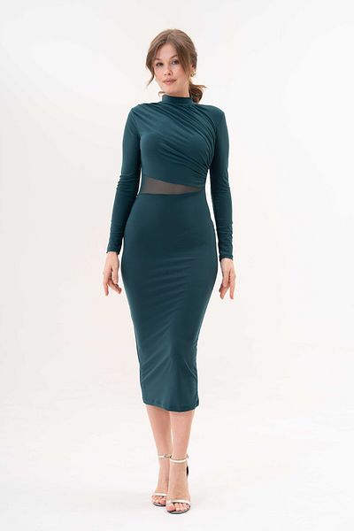 Secret Passion Lingerie Stretchy Sandy Fabric - Stand Collar Long Sleeve Midi Evening Dress Emerald Green 10957