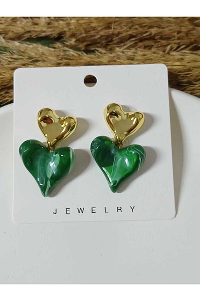 mos&more Steel Nefti Green Gold Heart Design Women's Earrings