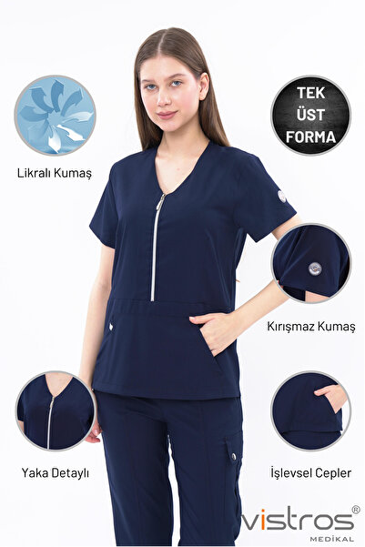 Vistros Medikal V Yaka Fermuar Detaylı Likralı Medikal Üniforma Doktor Hemşire Forması Cerrahi Lacivert ÜST (V-006U)