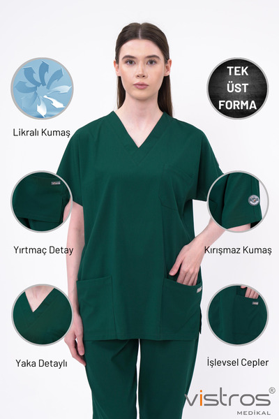 Vistros Medikal V Yaka Detaylı Koyu Yeşil Doktor Hemşire Forması Medikal Cerr...