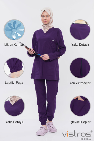 Vistros Medikal Tesettür Lüks Kaliteli Likralı Kadın Mor Medikal Üniforma Dok...