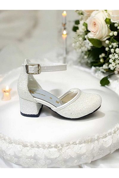 PATİK BEBE PANTOFI DE ROCHIE DE SEARĂ ELEGANTI, ALBI, TAC PĂTRAT