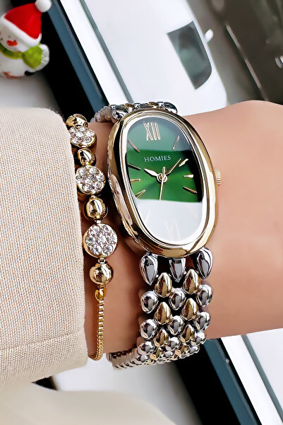 Homies Gold Silver Green Women's Wristwatch - 3 ATM Waterproof, Steel Cord an...