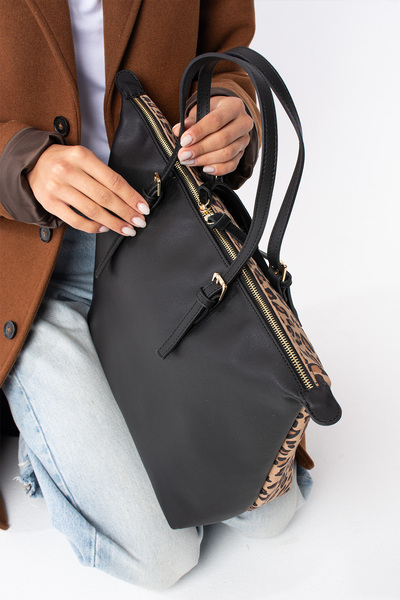 DSN Frezzy Hakiki Deri Süet Tote Çanta Lepar/Siyah Y6313