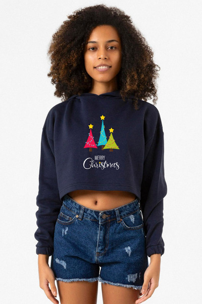 Tshirthane Merry Christmas Lacivert Kadın Crop Kapşonlu