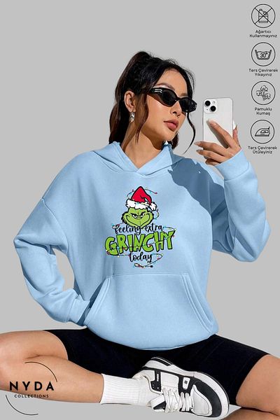 Nyda Collections Hanorac cu glugă unisex cu imprimeu Grinch de Anul Nou - mânecă lungă, ridicat, bumbac supradimensionat
