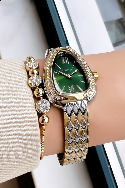 Homies Waterproof Gold Silver Green Women's Wrist Watch - Steel Band & Bracel...
