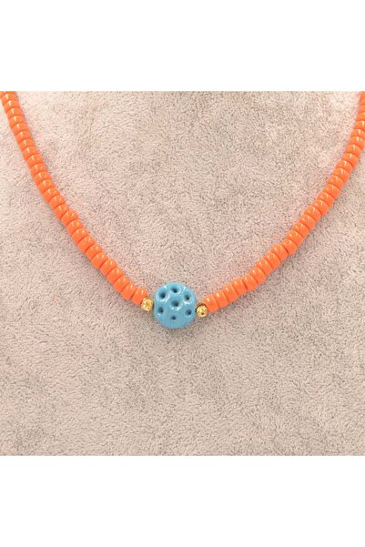 Polonezköy Cam Sanat Merkezi Turuncu Boncuklu Mavi Süryani Nazar Boncuğu Uçlu Kolye