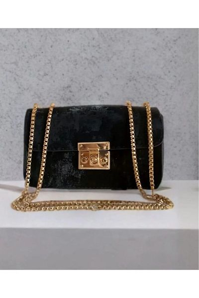Modabag Women's Scarf and Chain Accessories Soft Leather 3 Compartment Black Hand and Shoulder Bag