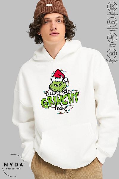 Nyda Collections Hanorac cu glugă unisex cu imprimeu Grinch de Anul Nou - mânecă lungă, ridicat, bumbac supradimensionat