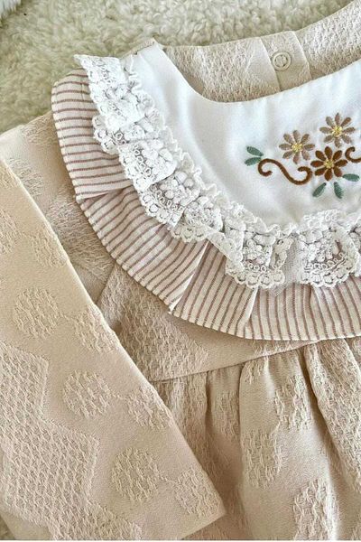 dinamik çocuk 0-2 Years Flower Embroidered and Lace Detailed Dress - Self Patterned Fabric