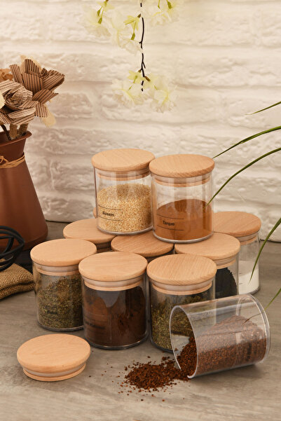 Böğürtlen Home 12'li Etiketli 300 ml Bambu Ahşap Kapaklı Baharatlık Sızdırmaz...