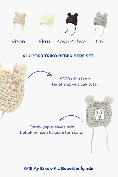 Little Jom 4'lü Set Bebek Bere Ponponlu Triko Bebek Şapkası, Triko Bebek Bere (0-18 Ay)