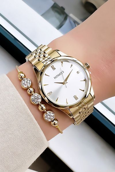 Homies Waterproof Gold Color Women's Wrist Watch - Steel Band & Bracelet Hmby2034C1