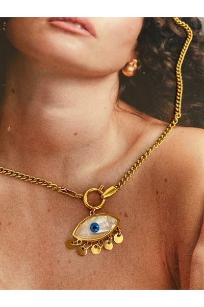 Pinery Jewels Sedefli Göz Sallantılı Kararmaz Çelik Kadın Gold Kolye