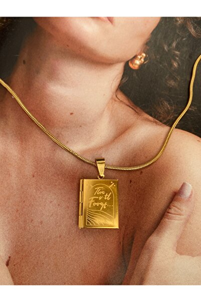 Pinery Jewels Içi Açılabilen Kapaklı Fotograf Koyulabilen Kitap Kararmaz Çelik Kadın Gold Kolye