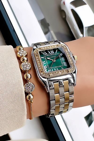 Homies Waterproof Women's Wristwatch - Gold Silver Green with Steel Band and Bracelet Hmby2035C3