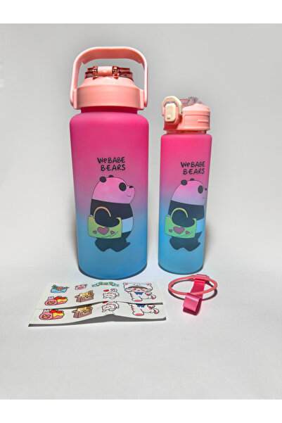 Motivasyon Matarası Ayıcık Desenli 2'li Suluk  2000 ml + 700 ml