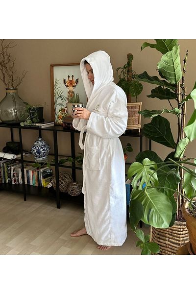 Hepsi Enteresan 100% Cotton, Soft, Triga Mayer Velvet Long and Hooded White Bathrobe, for Mother, Lover