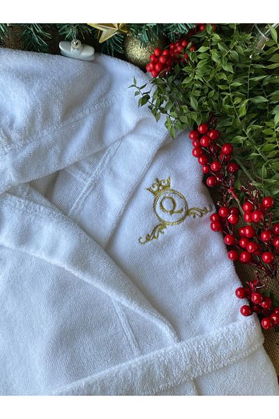 Hepsi Enteresan 100% Cotton, Soft, Triga Mayer Velvet Long and Hooded White Bathrobe, for Mother, Lover