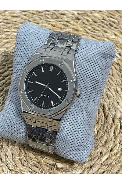 Brality Steel Band Men's Watch- Silver Color Case- Silver Color Band - Black Dial- 6054