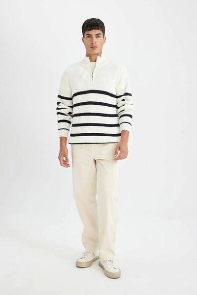 DeFacto D3274 Standard Fit Stand Collar Half Zipper Striped Knitwear Sweater