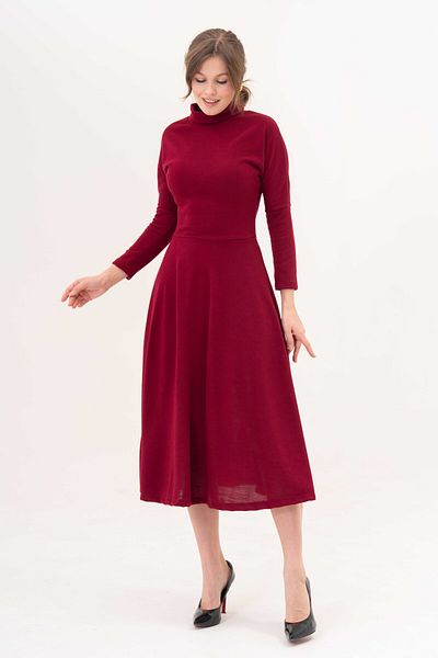 vuvutasarım Burgundy Turtleneck Lycra Midi Office Dress - Long Bat Sleeve 134