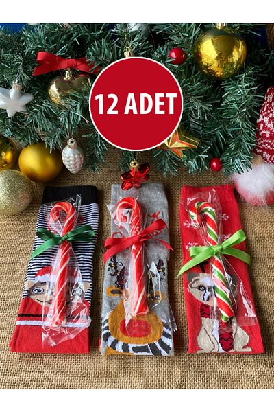 Hepsi Enteresan 12 Pieces of Cane Candy Socks, New Year's Gift, New Year's Gift, Cane Candy, New Year's Stocking