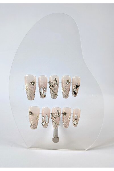 PİRAYE AKSESUAR 24'lü Jel Protez Tırnak Rengi Gümüş Charm ve Sim Detaylı Uzun...