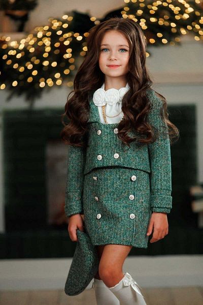 By Feyza Kids Collection Girl's Skirt&Jacket&Shirt&Beanie&Brooch Full Set