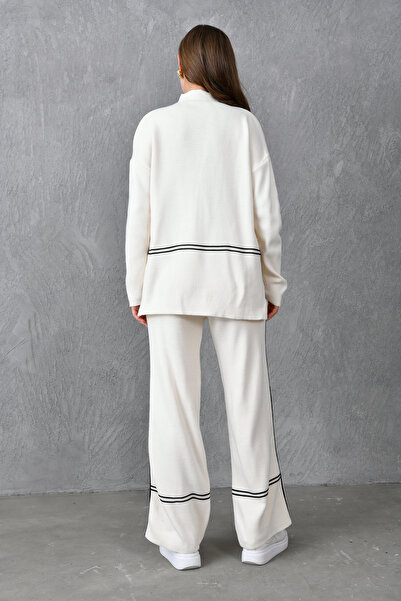 barış sülün lovebox Ψηλόμεσο και ριγέ φαρδύ παντελόνι Hijab Knitwear Set - Cream 3040