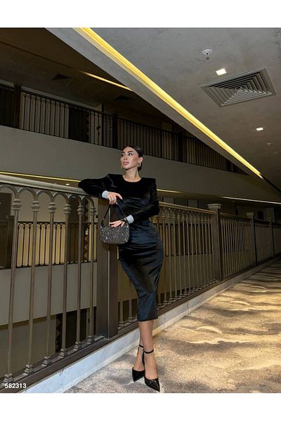 maf collection Women's Black Velvet Fabric Evening Dress