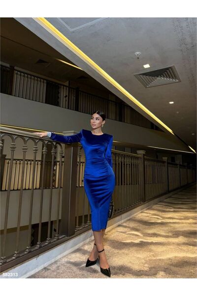 maf collection Kadın Lacivert Kadife Kumaş Abiye Elbise