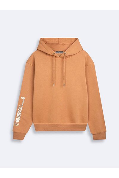 Ltb Camel Colored Hooded Sweatshirt - Printed Sleeve