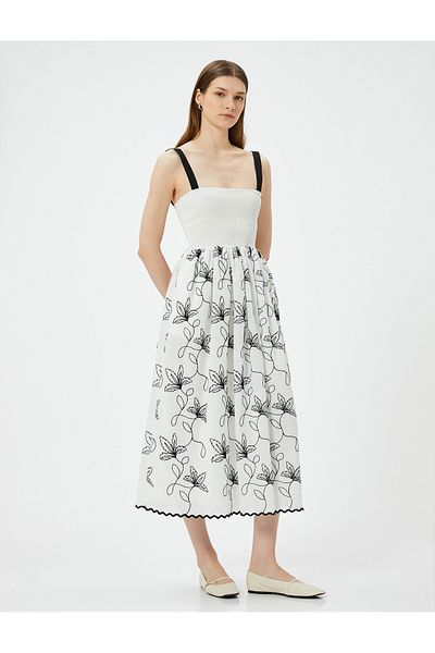 Koton Square Collar Floral Midi Dress