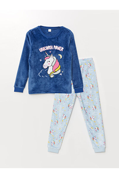 LC Waikiki Mavi Bisiklet Yaka Pelüş Kız Çocuk Pijama Takımı