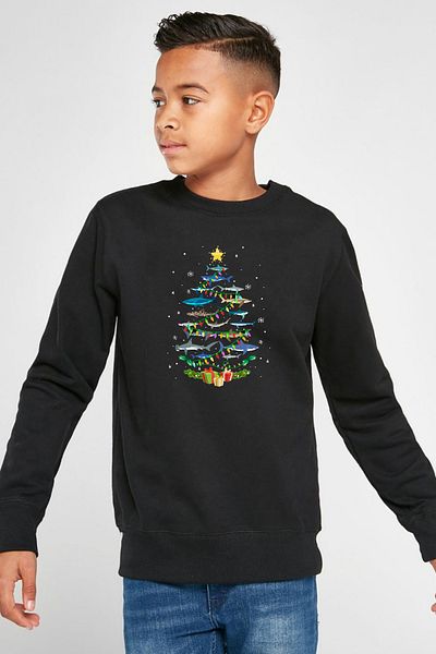 Tshirthane Детски суитшърт Shark Christmas Tree Black 2ip