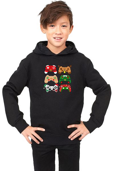 Tshirthane Черен детски контролер за видеоигри - 3ip суичър с качулка, коледен фаворит