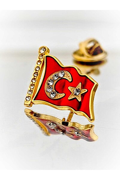 YÖRÜK TASARIM Türk Bayrağı Mine Boyalı Taşlı Altın Kaplama Yaka Rozeti