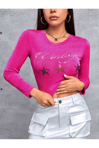 La Saade İthal Y2k Coquette Pembe Uzun Kollu Taşlı Vintage Yazılı Yıldızlı Bluz