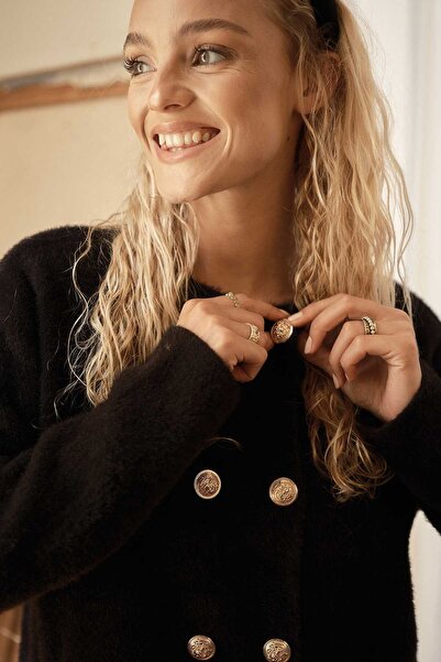 Hooopstore Black Furry Cardigan - Gold Button Detail