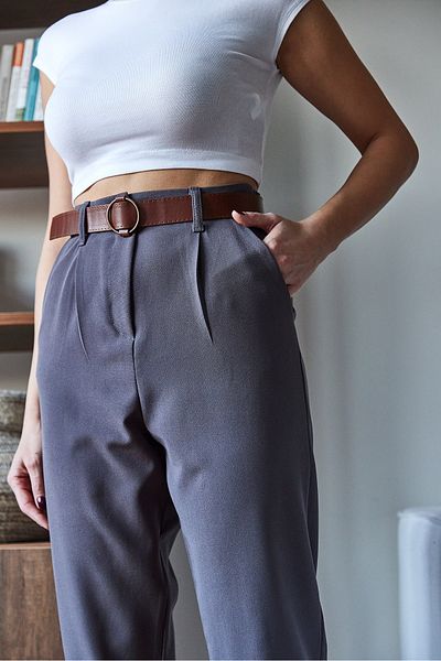 Bianco Lucci Women's Narrow Leg Pleated Belted Seasonal Fabric Trousers 2398 60751001